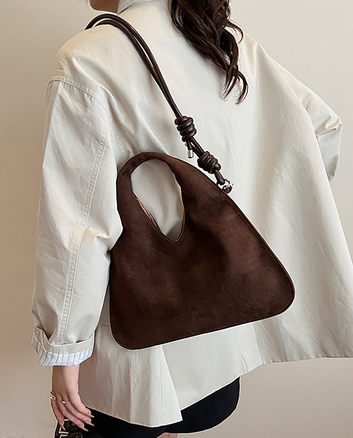SOLACEBrown Suede Faux Leather V Cut Knotted Rope Strap Triangular Hobo Shoulder Tote Bag