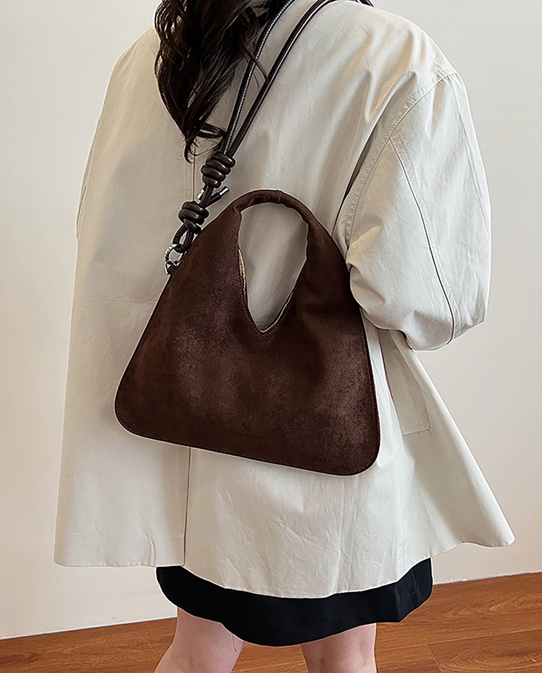 SOLACEBrown Suede Faux Leather V Cut Knotted Rope Strap Triangular Hobo Shoulder Tote Bag