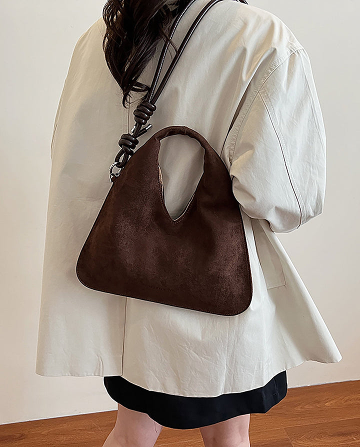 SOLACEBrown Suede Faux Leather V Cut Knotted Rope Strap Triangular Hobo Shoulder Tote Bag