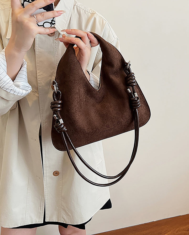 SOLACEBrown Suede Faux Leather V Cut Knotted Rope Strap Triangular Hobo Shoulder Tote Bag