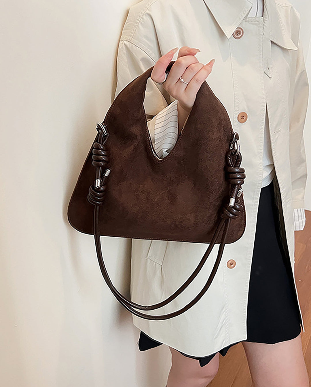 SOLACEBrown Suede Faux Leather V Cut Knotted Rope Strap Triangular Hobo Shoulder Tote Bag