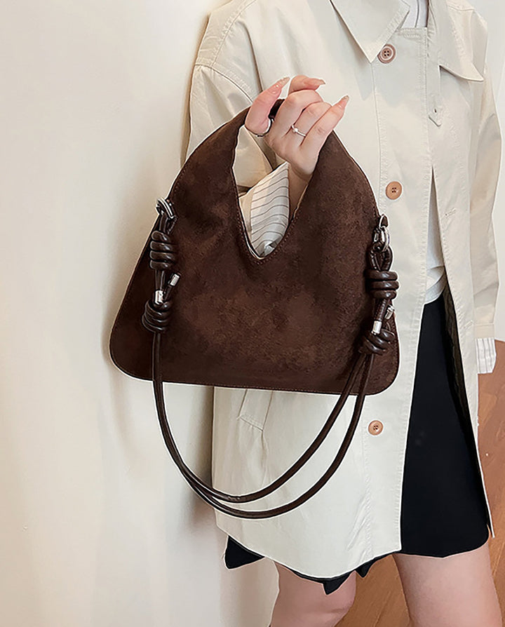 SOLACEBrown Suede Faux Leather V Cut Knotted Rope Strap Triangular Hobo Shoulder Tote Bag