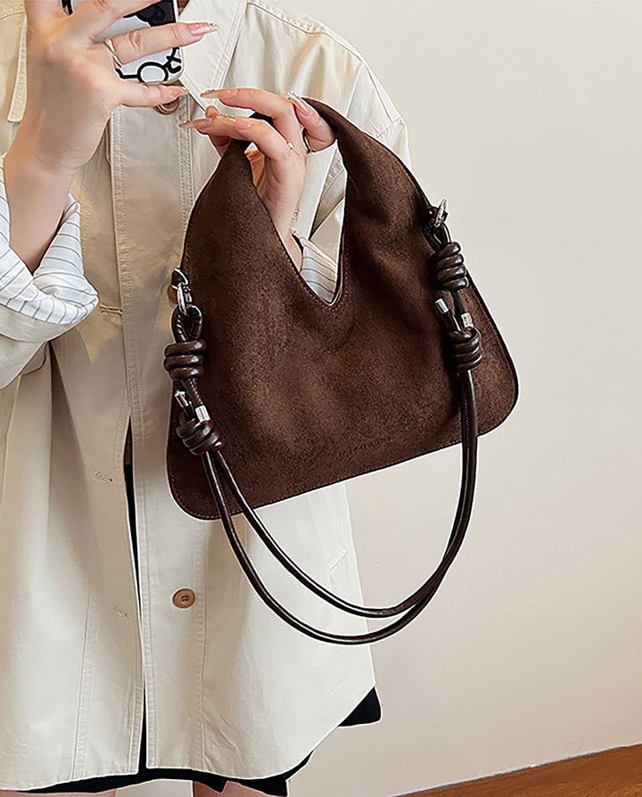 SOLACEBrown Suede Faux Leather V Cut Knotted Rope Strap Triangular Hobo Shoulder Tote Bag