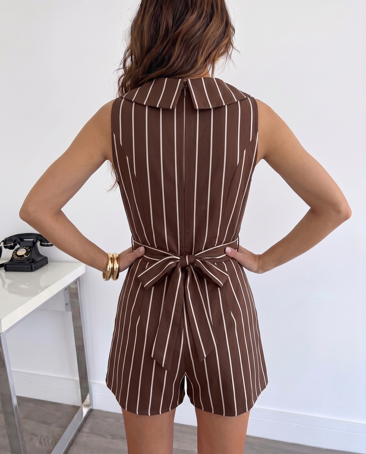 SOLACEBrown White Vertical Stripe Lapel Sleeveless Wrap Front Pleated Romper