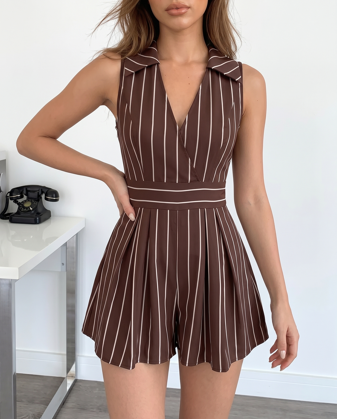 SOLACEBrown White Vertical Stripe Lapel Sleeveless Wrap Front Pleated Romper
