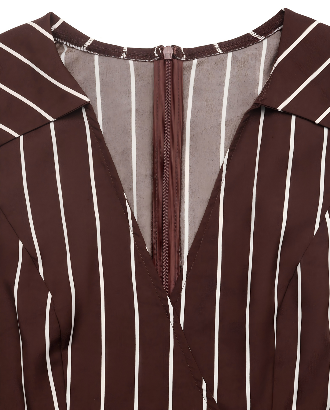 SOLACEBrown White Vertical Stripe Lapel Sleeveless Wrap Front Pleated Romper