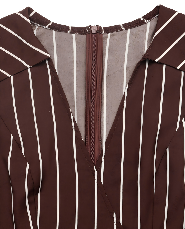 SOLACEBrown White Vertical Stripe Lapel Sleeveless Wrap Front Pleated Romper