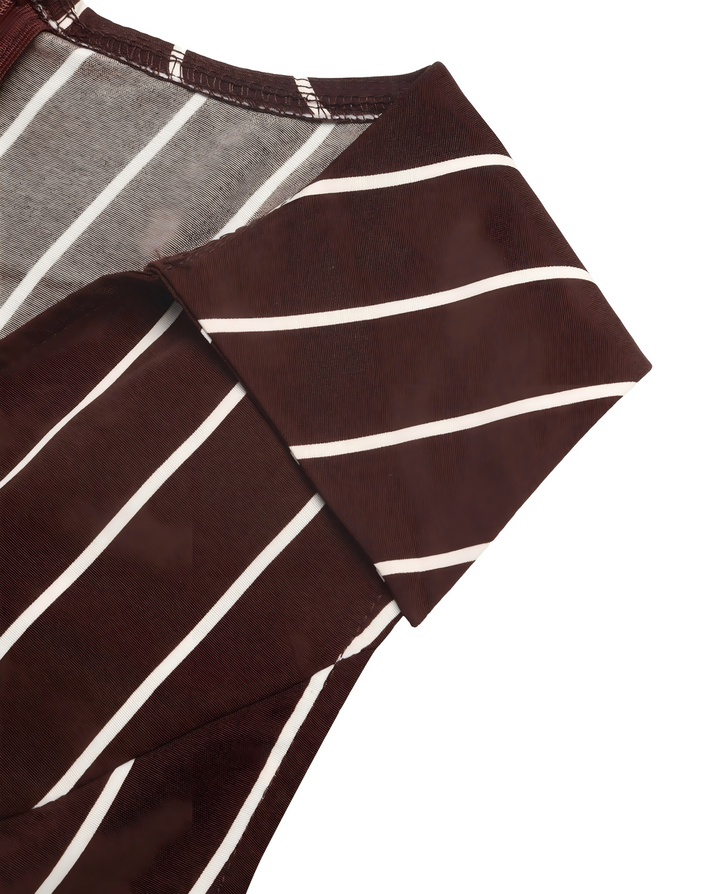 SOLACEBrown White Vertical Stripe Lapel Sleeveless Wrap Front Pleated Romper