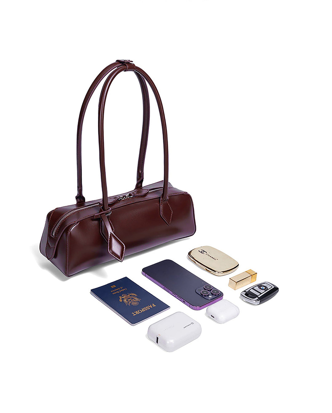 SOLACEBurgundy Faux Leather Long Thin Handle Zipper Rectangular Mini Shoulder Bar Bag