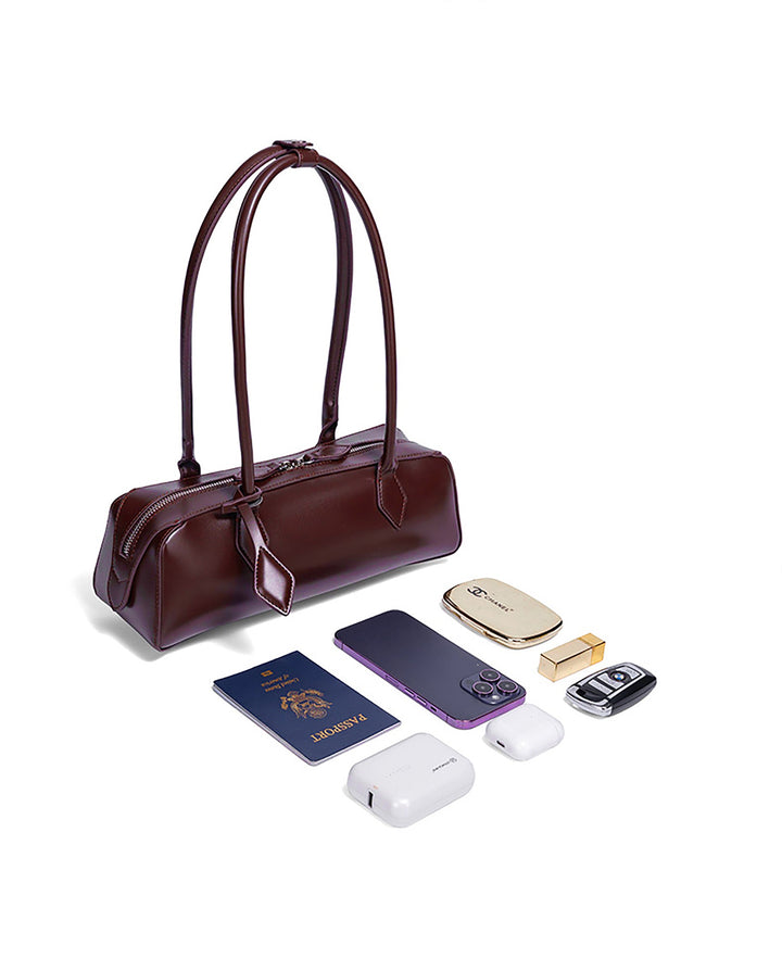 SOLACEBurgundy Faux Leather Long Thin Handle Zipper Rectangular Mini Shoulder Bar Bag