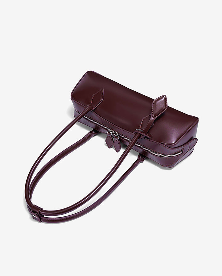 SOLACEBurgundy Faux Leather Long Thin Handle Zipper Rectangular Mini Shoulder Bar Bag