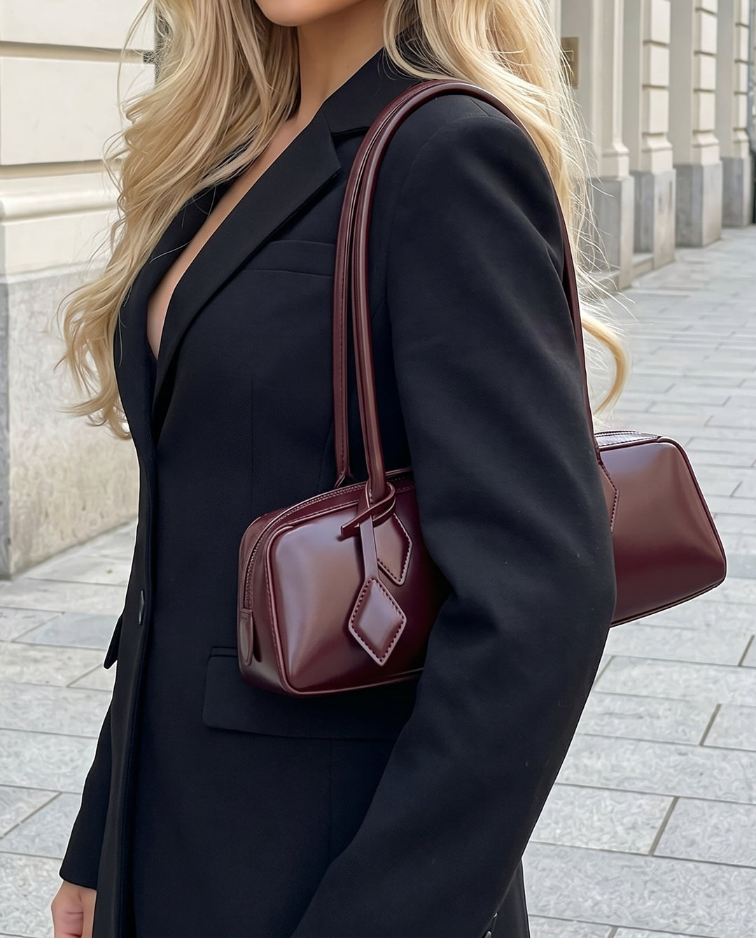 SOLACEBurgundy Faux Leather Long Thin Handle Zipper Rectangular Mini Shoulder Bar Bag
