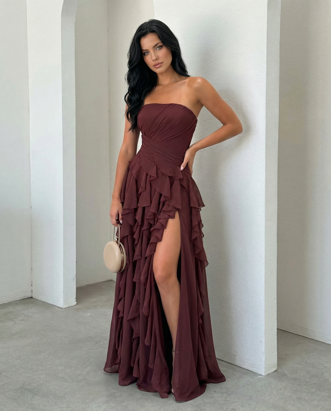 SOLACEBurgundy Strapless Ruched Waist Cascading Ruffle High Slit Chiffon Maxi Dress