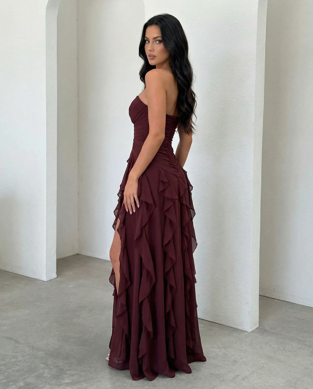 SOLACEBurgundy Strapless Ruched Waist Cascading Ruffle High Slit Chiffon Maxi Dress
