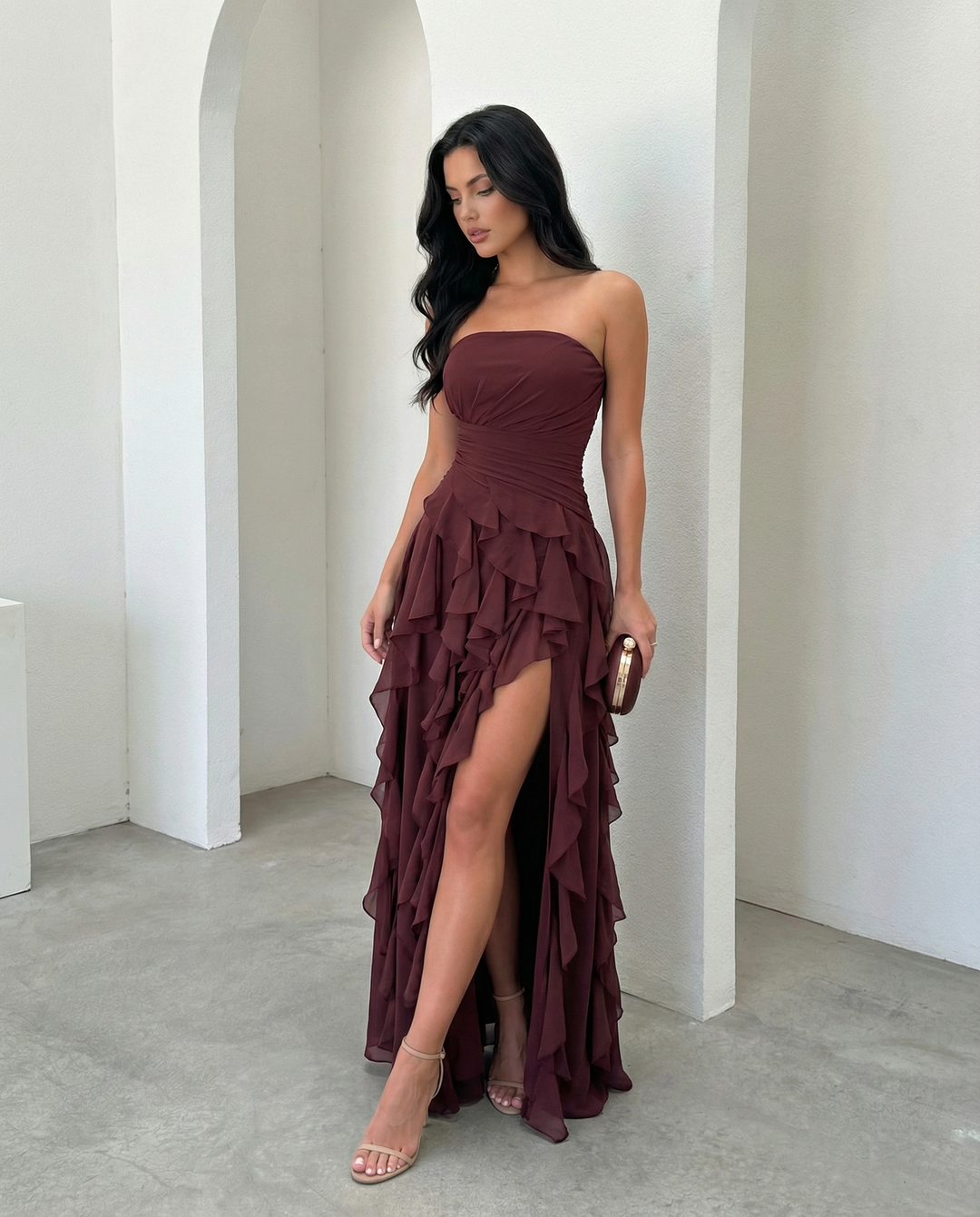 SOLACEBurgundy Strapless Ruched Waist Cascading Ruffle High Slit Chiffon Maxi Dress