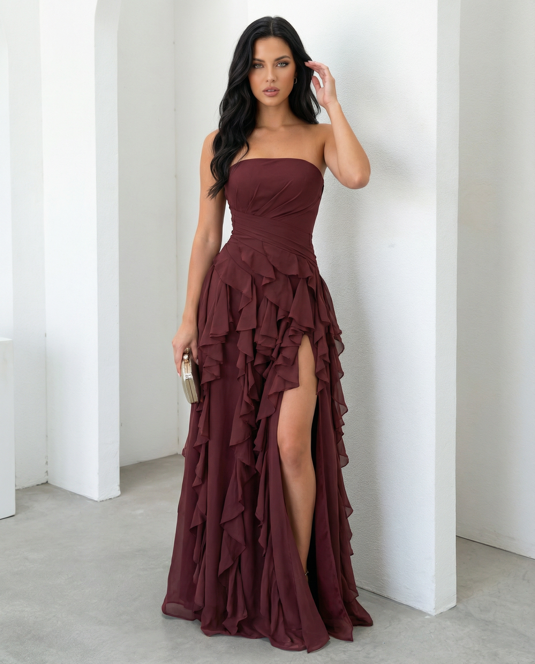 SOLACEBurgundy Strapless Ruched Waist Cascading Ruffle High Slit Chiffon Maxi Dress