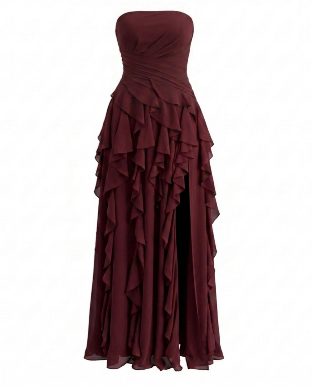 SOLACEBurgundy Strapless Ruched Waist Cascading Ruffle High Slit Chiffon Maxi Dress