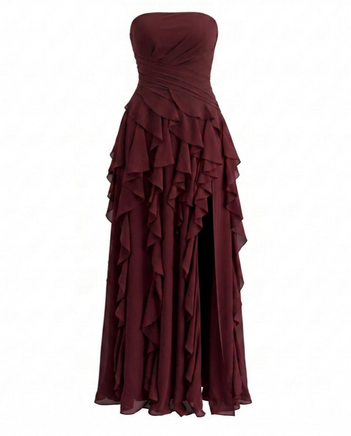 SOLACEBurgundy Strapless Ruched Waist Cascading Ruffle High Slit Chiffon Maxi Dress