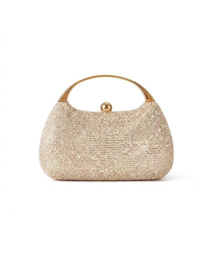 SOLACEChampagne Full Rhinestone Oval Gold Top Handle Evening Clutch Bag