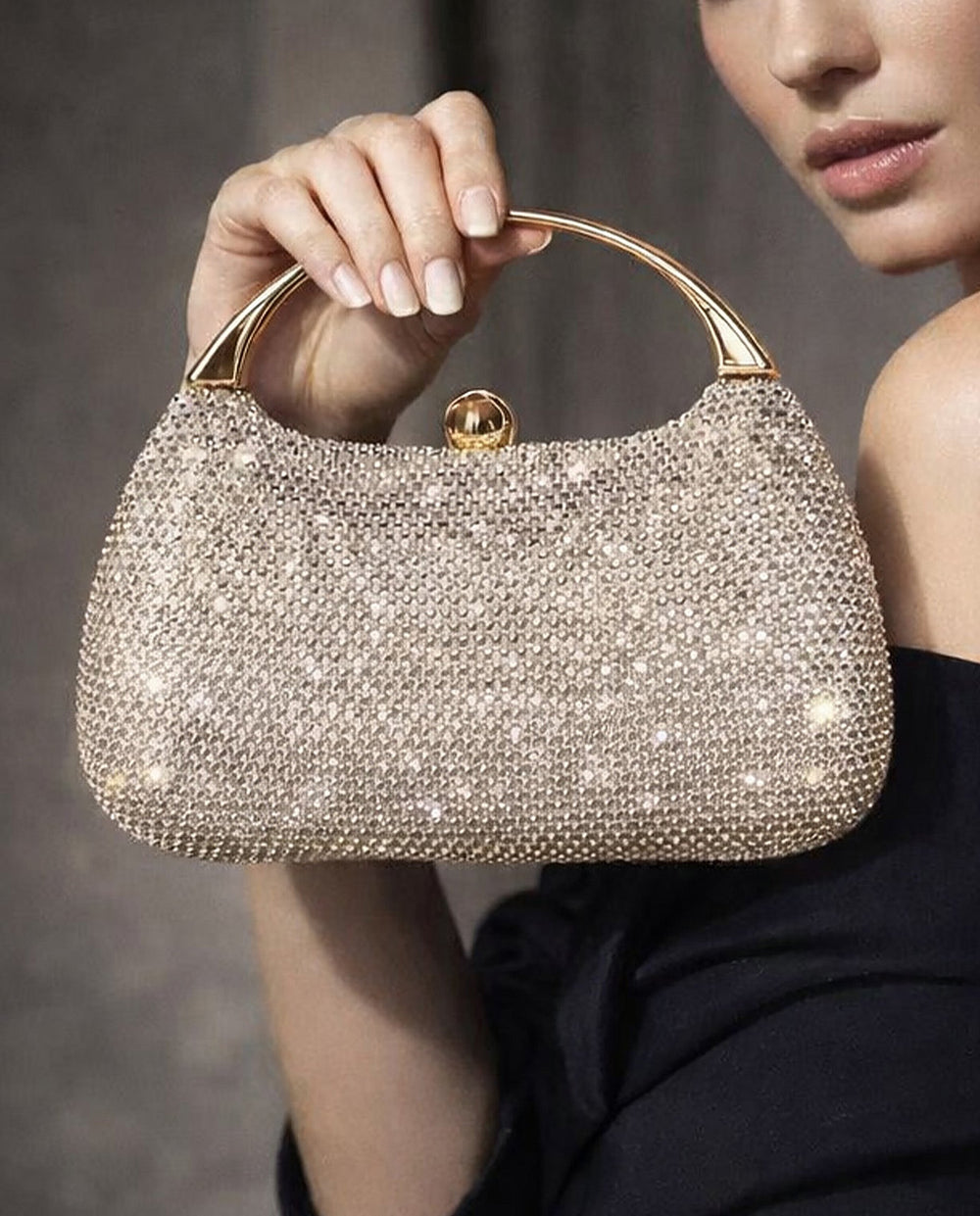 SOLACEChampagne Full Rhinestone Oval Gold Top Handle Evening Clutch Bag