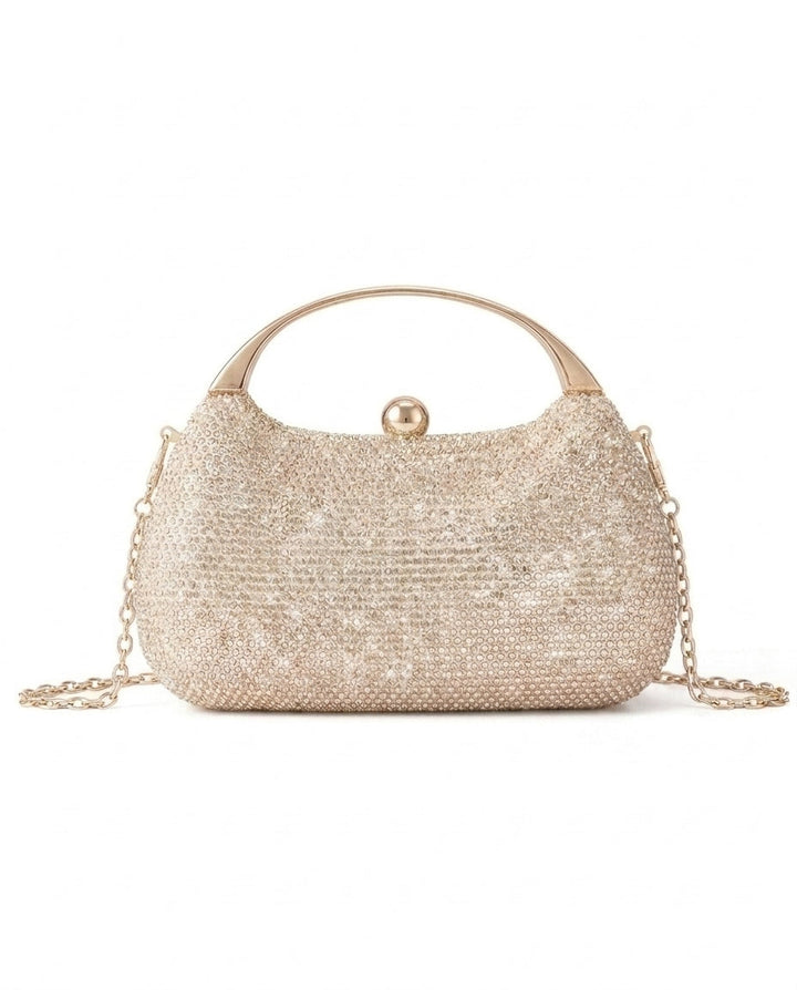SOLACEChampagne Full Rhinestone Oval Gold Top Handle Evening Clutch Bag