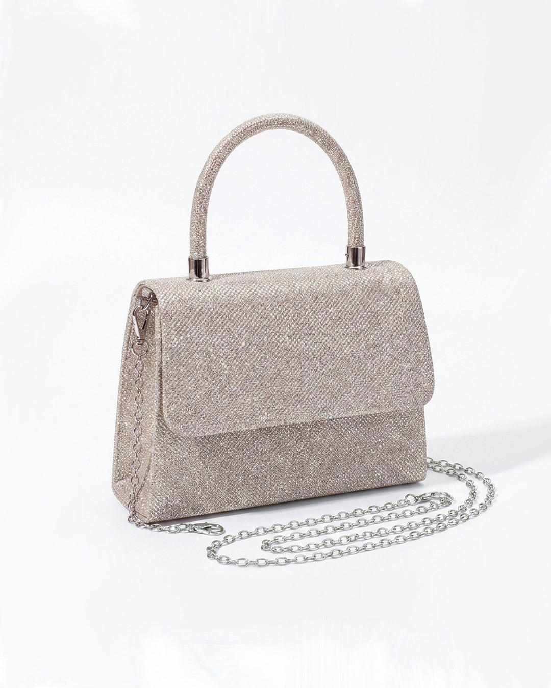 SOLACEChampagne Glitter Top Handle Silver Chain Crossbody Mini Flap Handbag