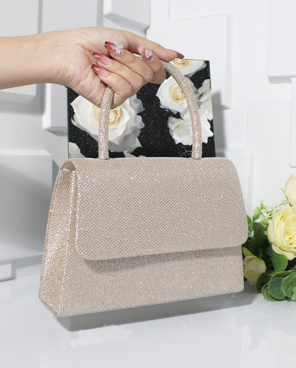 SOLACEChampagne Glitter Top Handle Silver Chain Crossbody Mini Flap Handbag