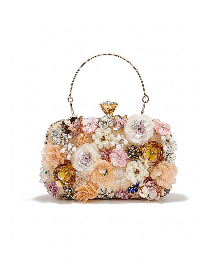 SOLACEChampagne Mesh 3D Floral Rhinestone Pearl Top Handle Hard Case Clutch Bag