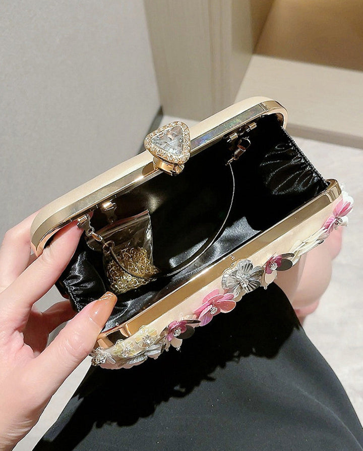 SOLACEChampagne Mesh 3D Floral Rhinestone Pearl Top Handle Hard Case Clutch Bag