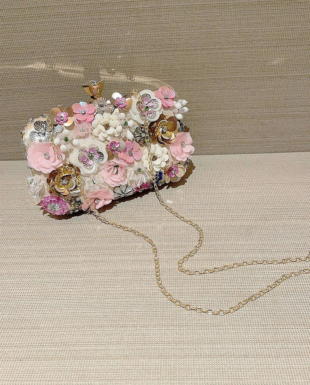 SOLACEChampagne Mesh 3D Floral Rhinestone Pearl Top Handle Hard Case Clutch Bag