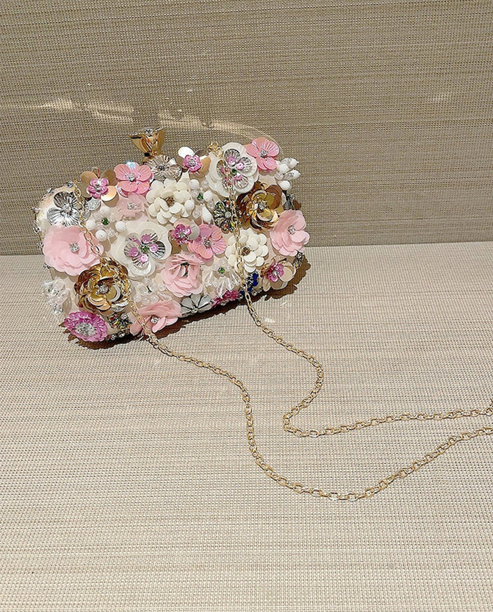SOLACEChampagne Mesh 3D Floral Rhinestone Pearl Top Handle Hard Case Clutch Bag