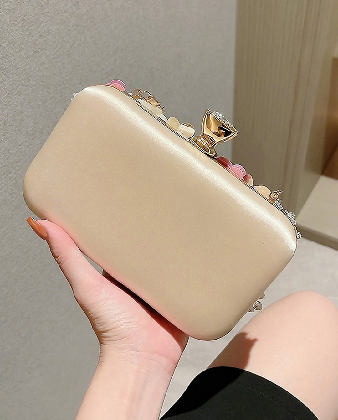 SOLACEChampagne Mesh 3D Floral Rhinestone Pearl Top Handle Hard Case Clutch Bag