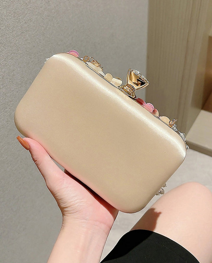 SOLACEChampagne Mesh 3D Floral Rhinestone Pearl Top Handle Hard Case Clutch Bag