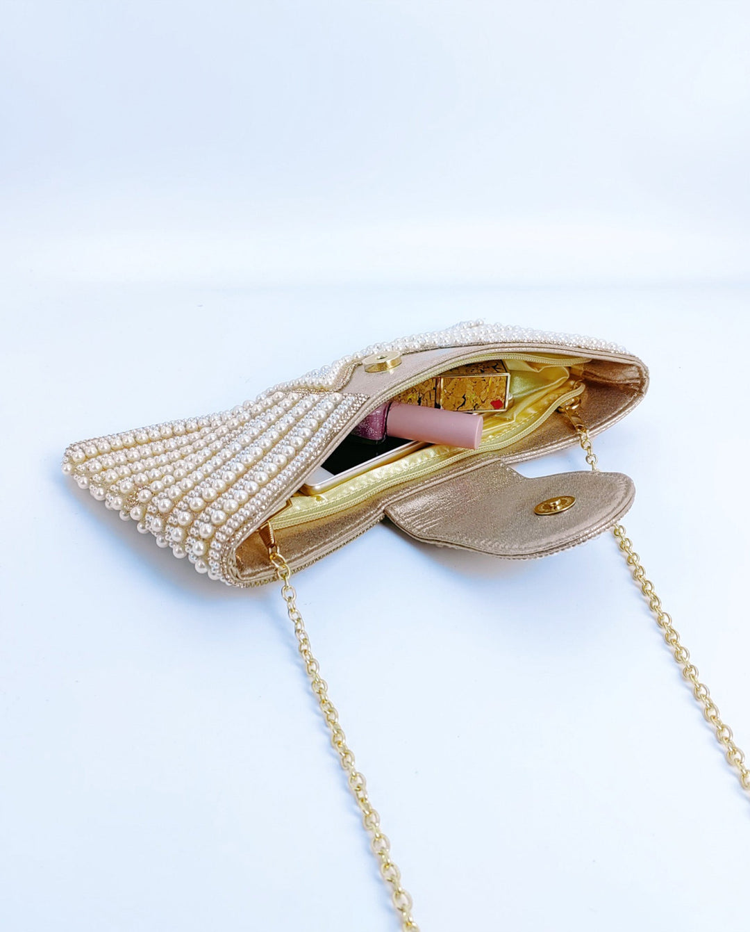 SOLACEChampagne Striped Pearl Rhinestone U-Flap Gold Chain Crossbody Clutch Bag