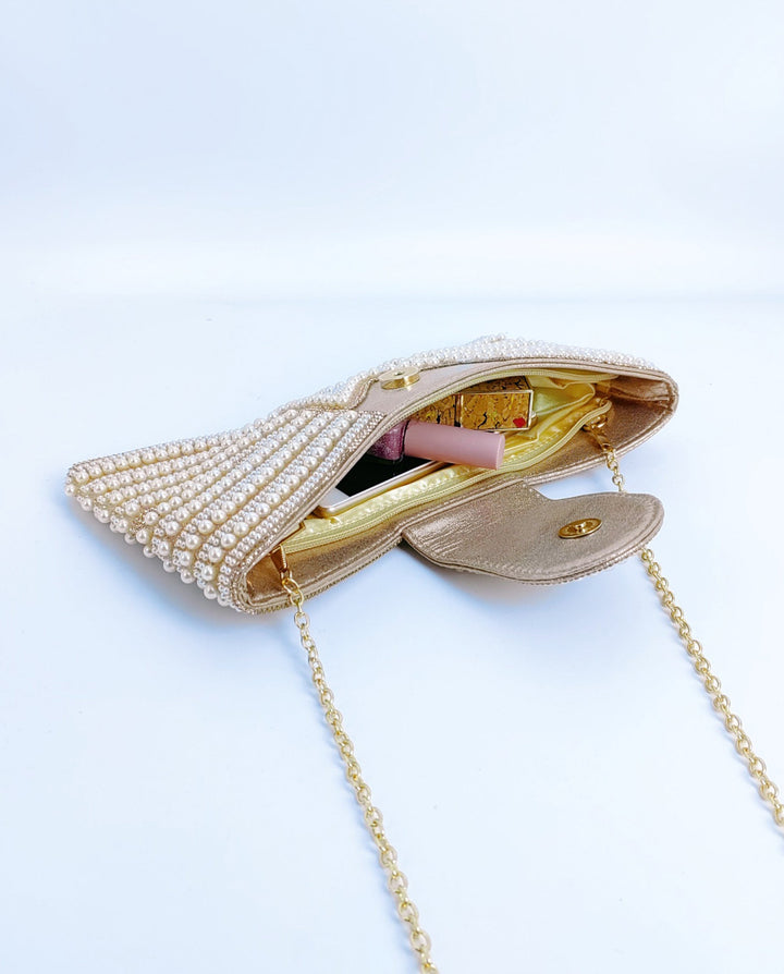 SOLACEChampagne Striped Pearl Rhinestone U-Flap Gold Chain Crossbody Clutch Bag