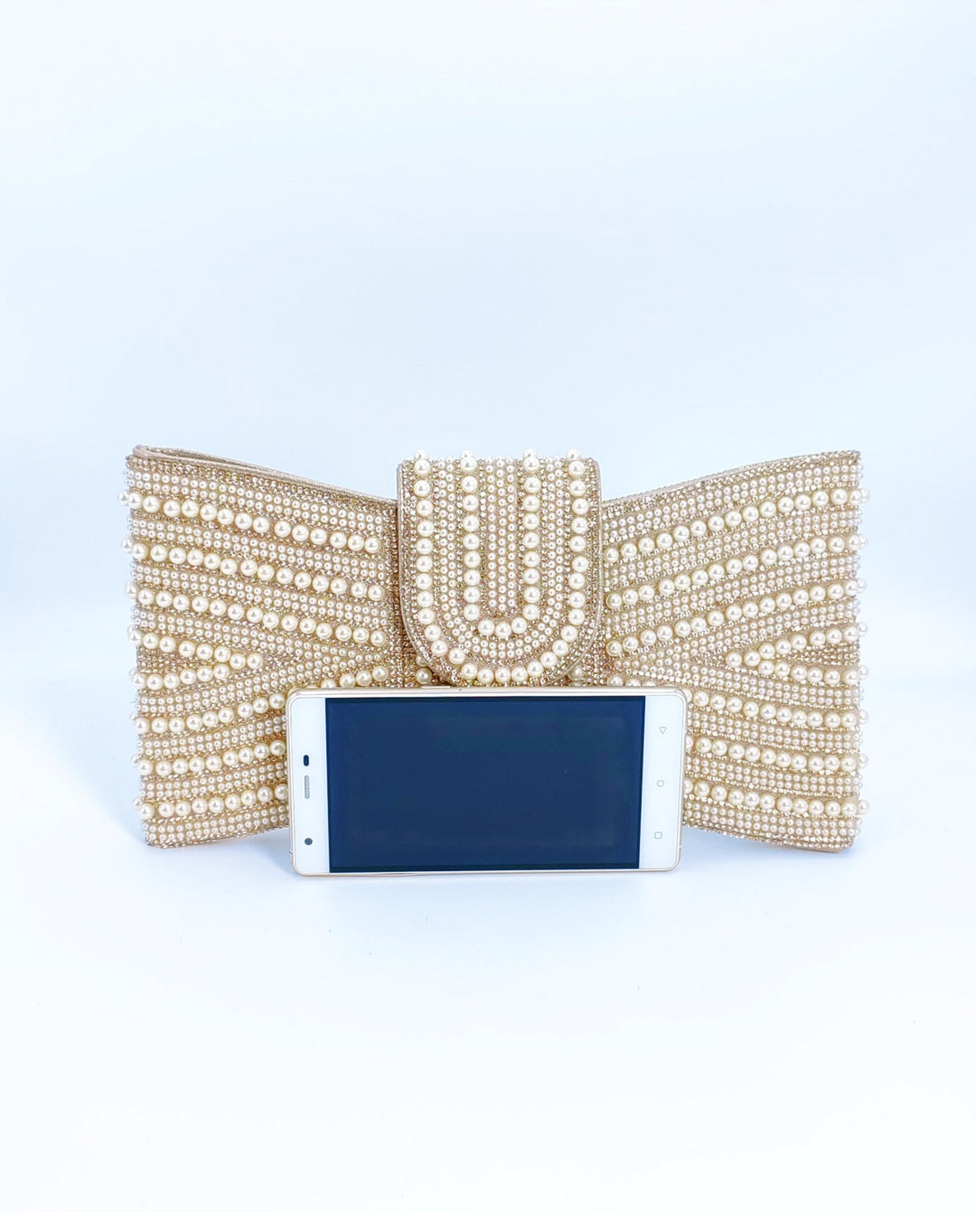 SOLACEChampagne Striped Pearl Rhinestone U-Flap Gold Chain Crossbody Clutch Bag