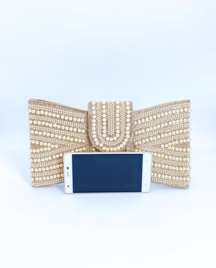 SOLACEChampagne Striped Pearl Rhinestone U-Flap Gold Chain Crossbody Clutch Bag