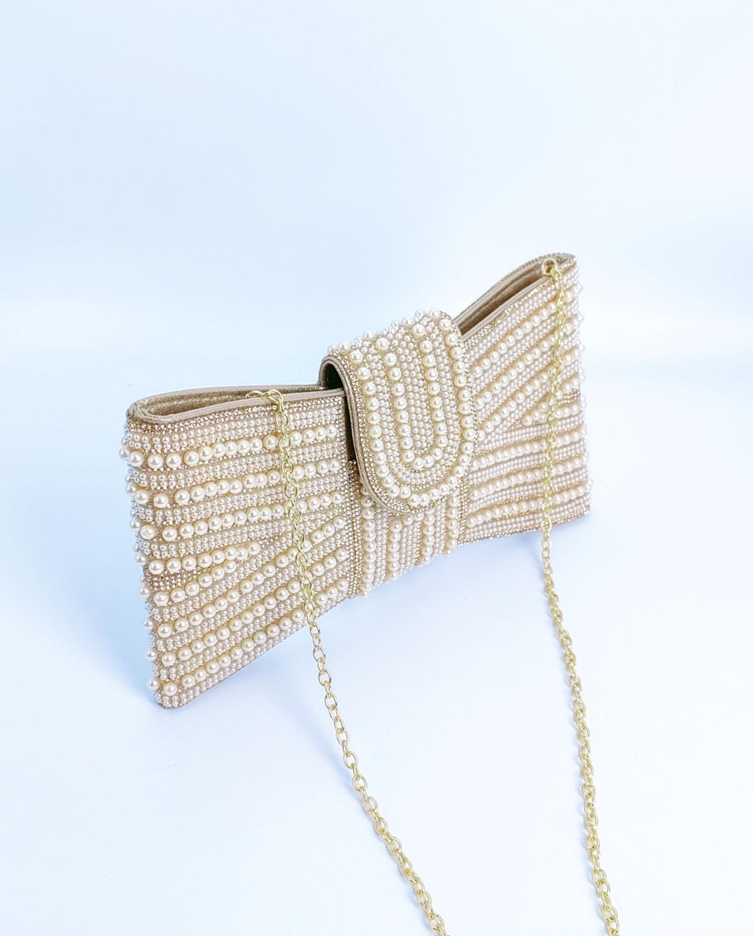 SOLACEChampagne Striped Pearl Rhinestone U-Flap Gold Chain Crossbody Clutch Bag