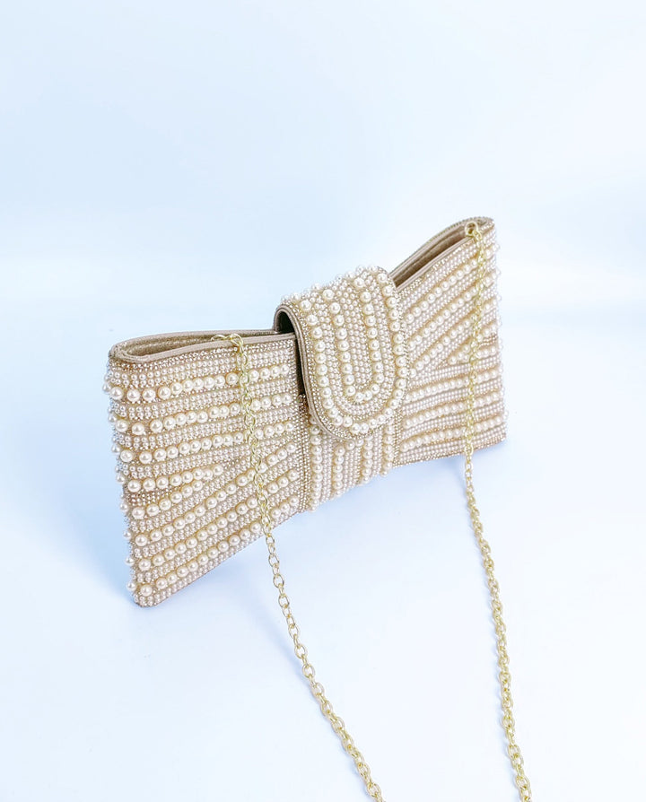 SOLACEChampagne Striped Pearl Rhinestone U-Flap Gold Chain Crossbody Clutch Bag