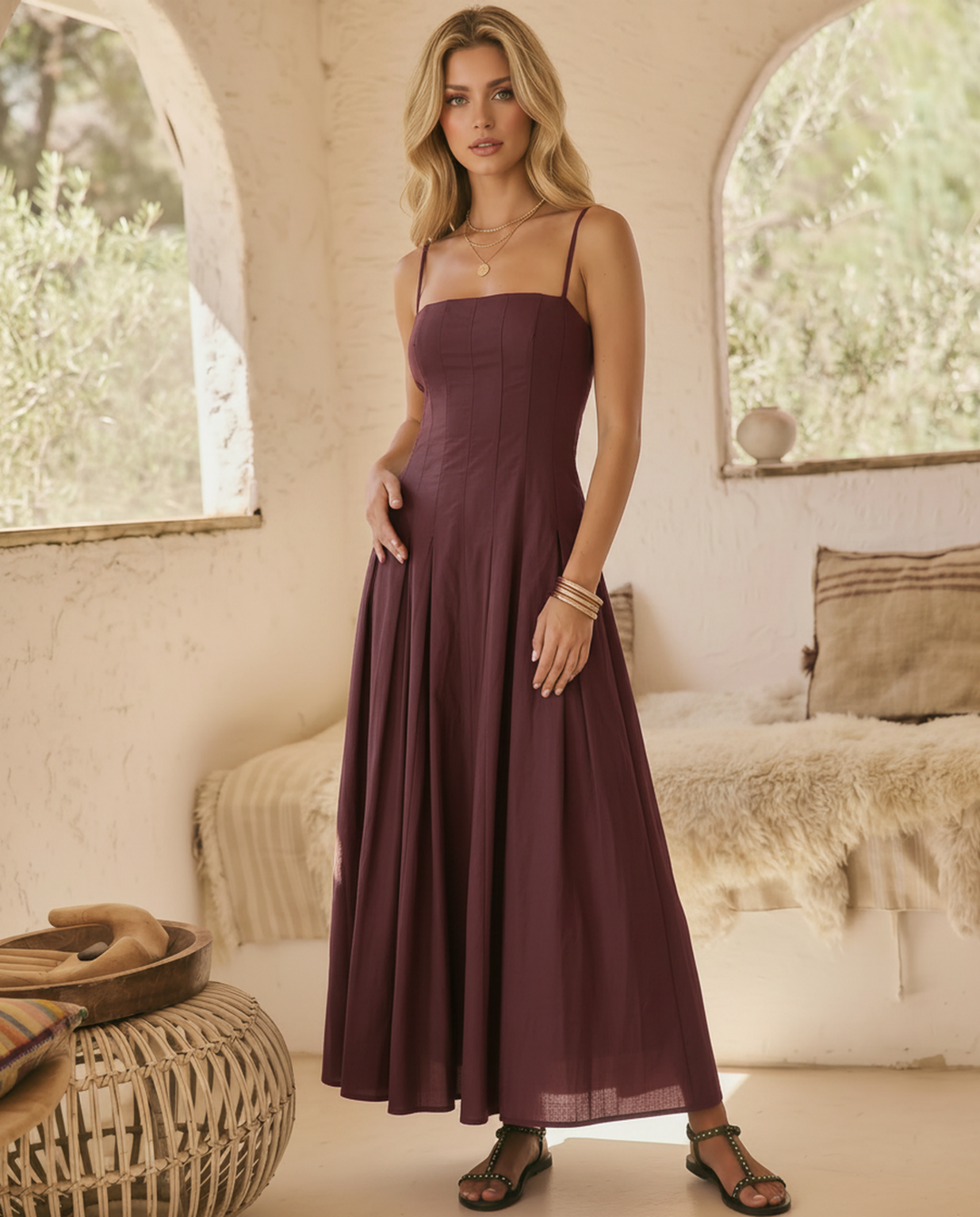 SOLACEChocolate Brown Structured Bust Flowy Skirt Maxi Dress