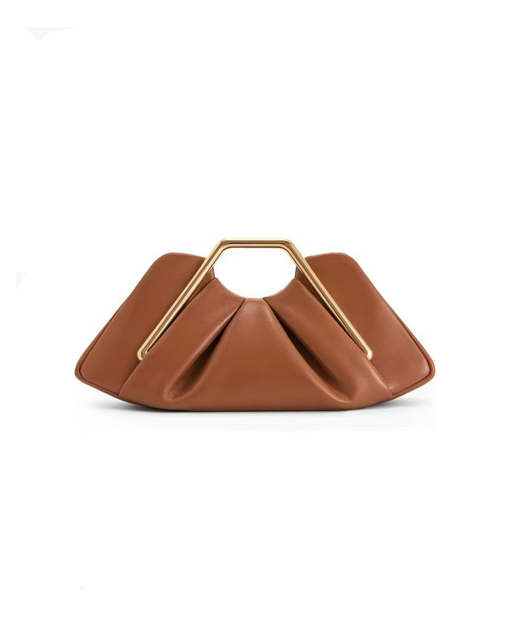 SOLACECognac Faux Leather Pleated Hexagon Gold Metal Frame Top Handle Clutch Bag