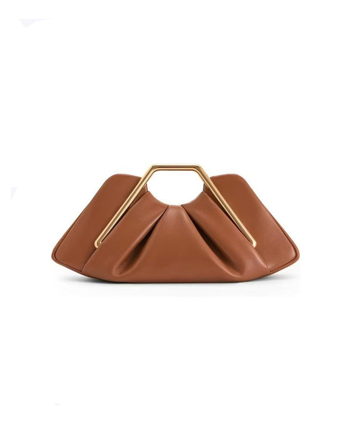 SOLACECognac Faux Leather Pleated Hexagon Gold Metal Frame Top Handle Clutch Bag