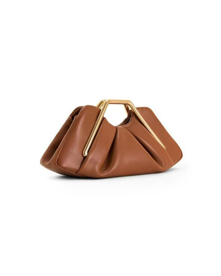 SOLACECognac Faux Leather Pleated Hexagon Gold Metal Frame Top Handle Clutch Bag