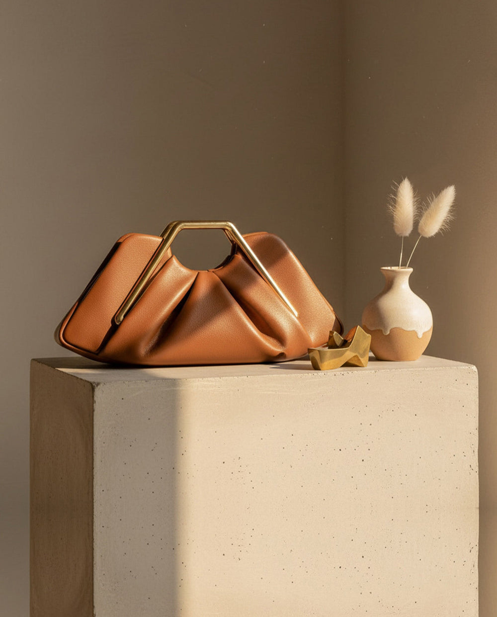 SOLACECognac Faux Leather Pleated Hexagon Gold Metal Frame Top Handle Clutch Bag