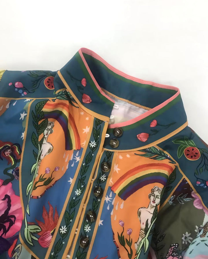SOLACEColorful Art Print Stand Collar Long Sleeve Shirt Dress