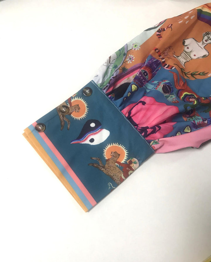 SOLACEColorful Art Print Stand Collar Long Sleeve Shirt Dress