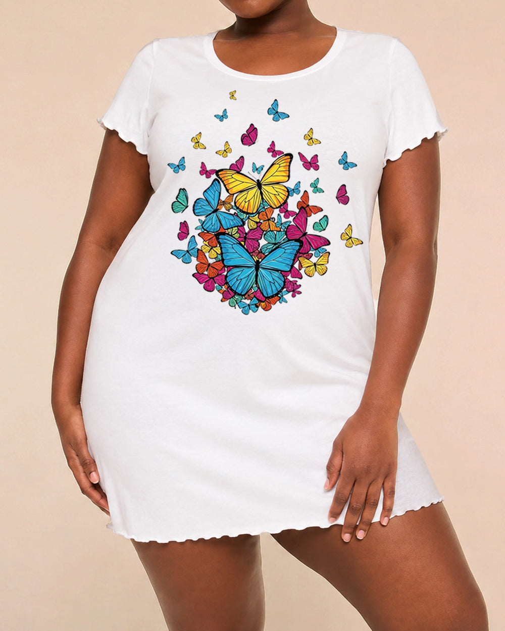 SOLACEColorful Cluster Butterfly Print Ruffle Short Sleeve Nightdress (XS-5XL)