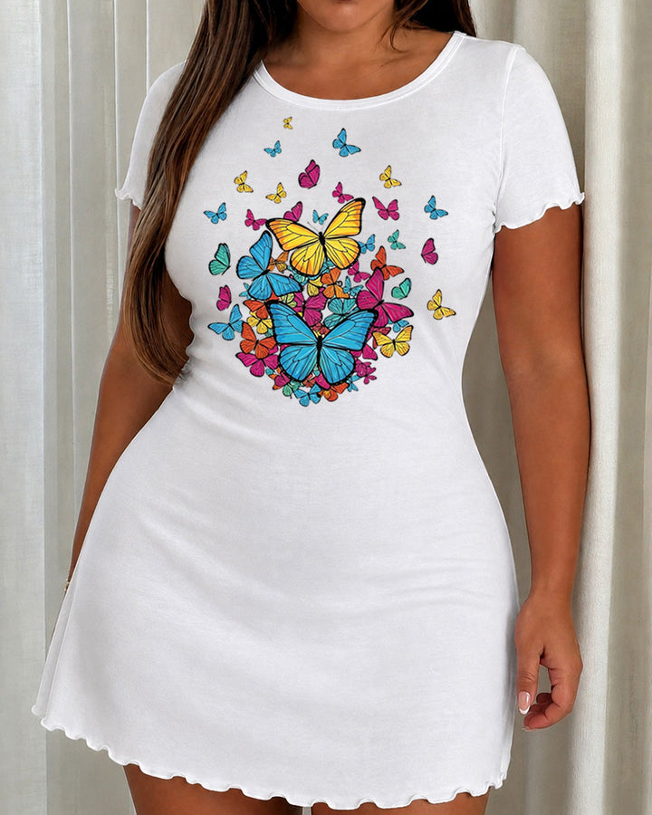 SOLACEColorful Cluster Butterfly Print Ruffle Short Sleeve Nightdress (XS-5XL)