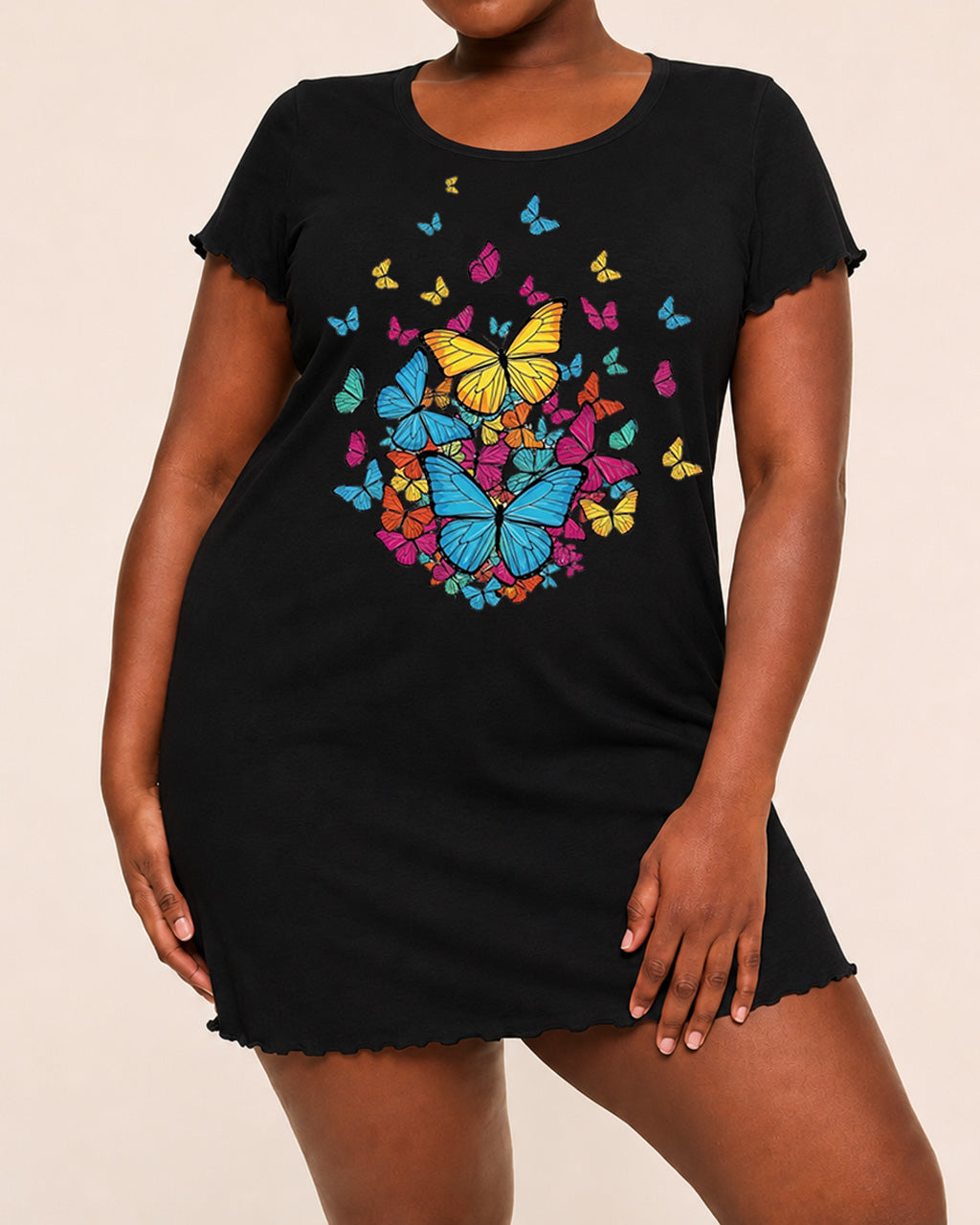SOLACEColorful Cluster Butterfly Print Ruffle Short Sleeve Nightdress (XS-5XL)