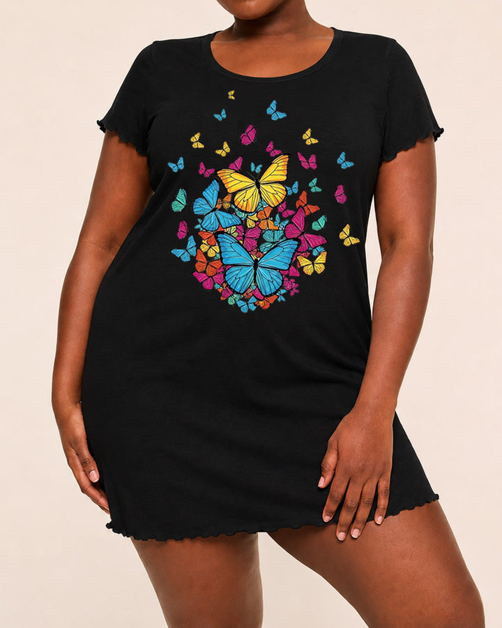 SOLACEColorful Cluster Butterfly Print Ruffle Short Sleeve Nightdress (XS-5XL)